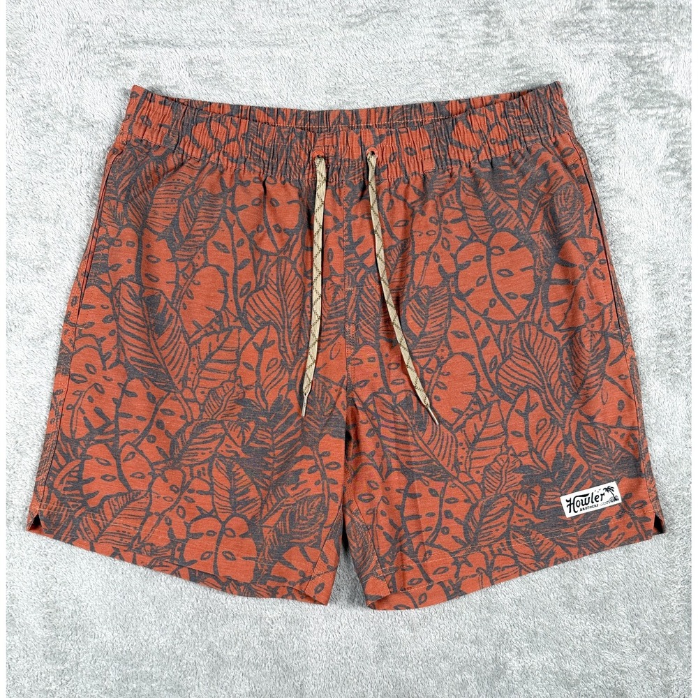 Howler Brothers Deep Set Swim Trunks Mens Large Brown Leaf 7in Board Shorts